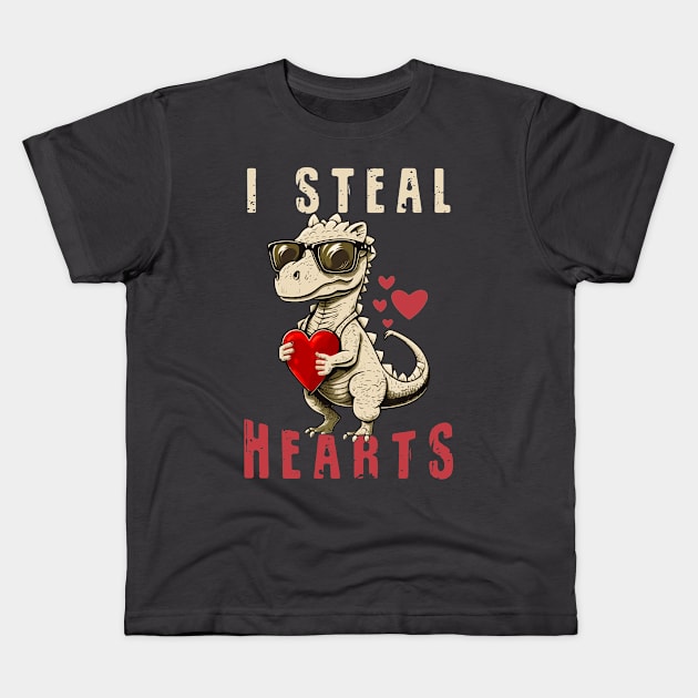 I Steal Hearts Dinosaur Valentine Kids T-Shirt by Gtrx20